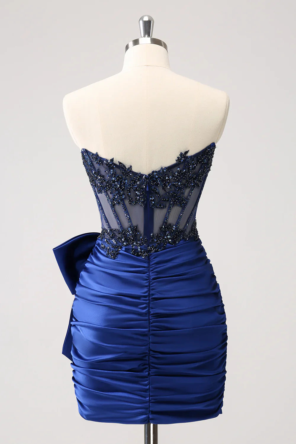 omberprom Navy Sheath Homecoming Dress Strapless Sleeveless Pleated Short Prom Dress with Bow