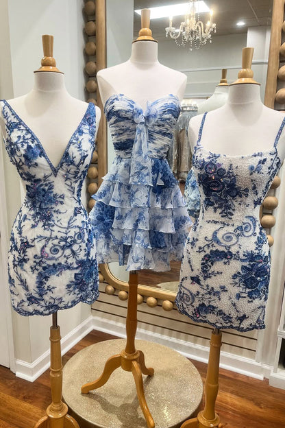 Floral Tiered Ruffle Homecoming Dress with Sweetheart Neckline and Bow Detail