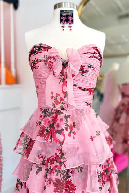 Floral Tiered Ruffle Homecoming Dress with Sweetheart Neckline and Bow Detail
