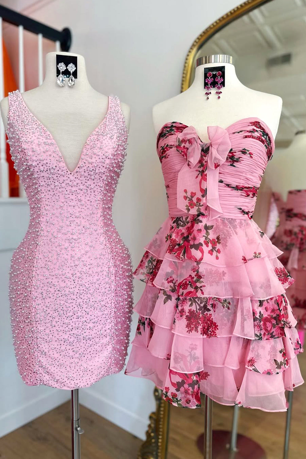 Floral Tiered Ruffle Homecoming Dress with Sweetheart Neckline and Bow Detail