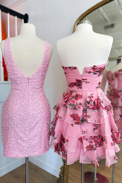 Floral Tiered Ruffle Homecoming Dress with Sweetheart Neckline and Bow Detail