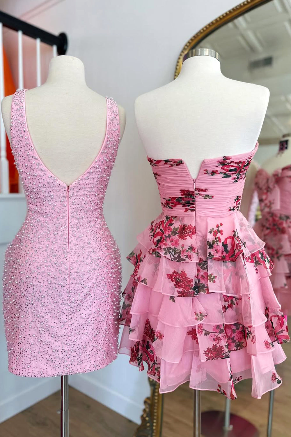 Floral A-Line Ruffle Tiered Short Homecoming Dress with Bow Detail