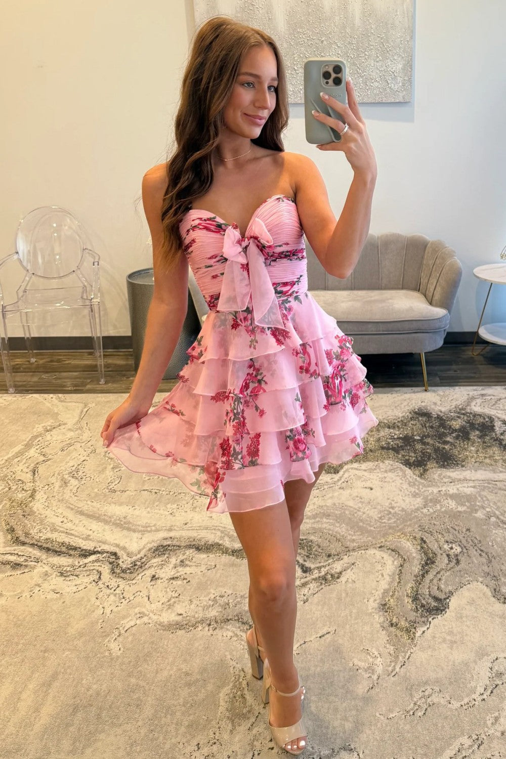 Newly A-Line Sweetheart Blue Printed Short Tiered Homecoming Dress