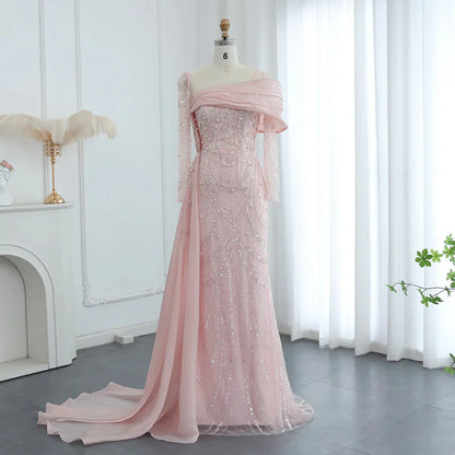 Vintage Shiny Beaded Long-sleeve Mermaid Long Prom Dress Evening Dress TP4565