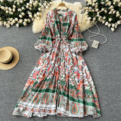 European and American style pleated printed dress lantern long sleeve waist slim long skirt R2322