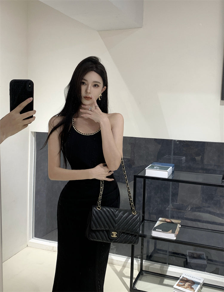 Black slim waist halter dress sexy backless holiday hip-hugging slit inner long skirt R1445