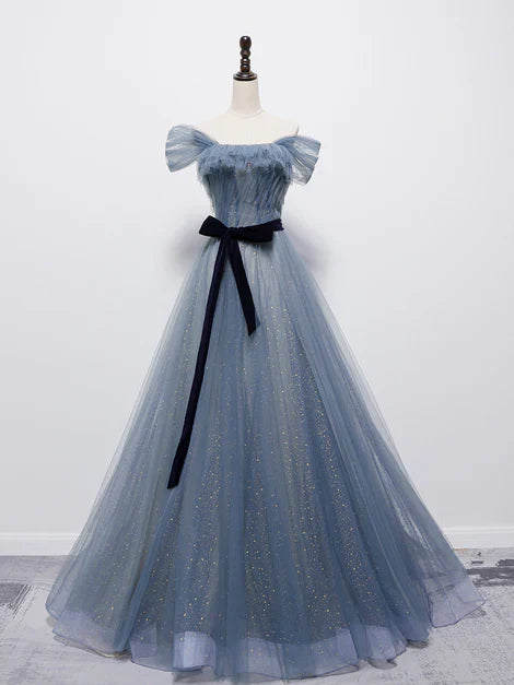 omberprom Grey-Blue Tulle Off Shoulder Long Party Dress with Bow A-line Floor Length Prom Dress Wholesale