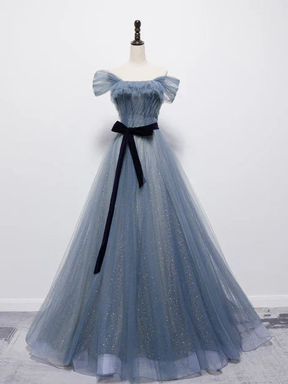 omberprom Grey-Blue Tulle Off Shoulder Long Party Dress with Bow A-line Floor Length Prom Dress Wholesale