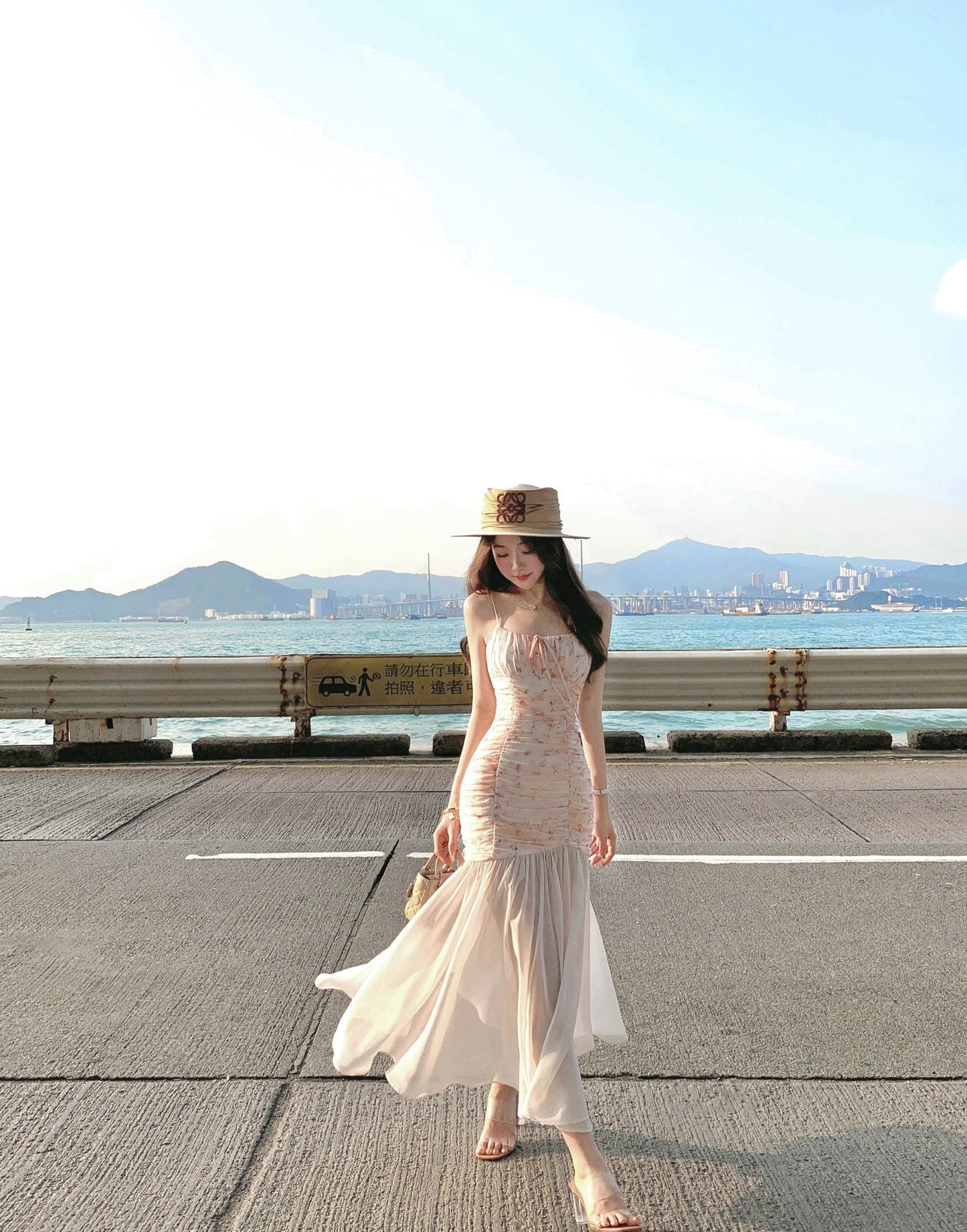 Design sense waist floral sling fishtail dress big swing gauze skirt long summer R3908