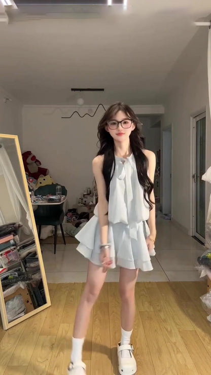 Blue halter dress gentle temperament waist a-line short skirt summer skirt R0836