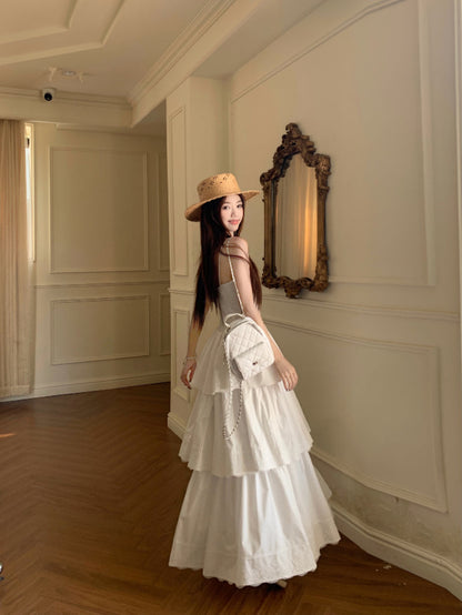 Beautiful little skirt lace splicing cake sling long dress R0778