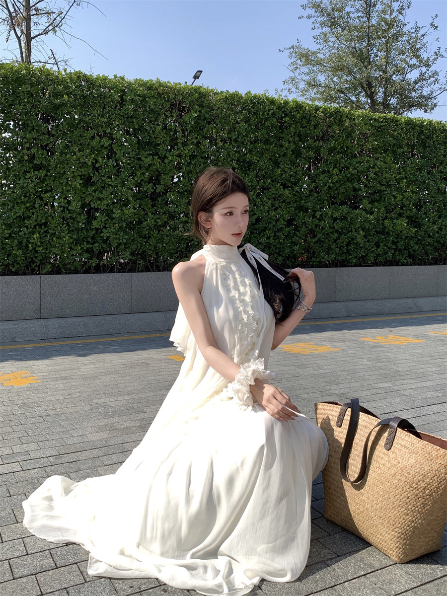 Beautiful suit outfit first love white floral halter neck top skirt two piece skirt R0689