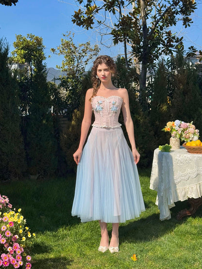 French sweet light spring pink blue tube top fishbone bra mesh skirt suit homecoming dress R5146