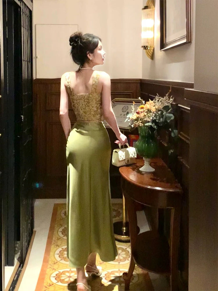 Retro Jacquard Suspender Top Satin Dress long party dress evening dress       S6201