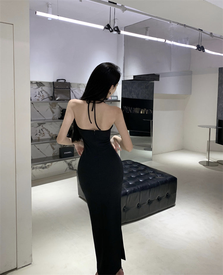 Black slim waist halter dress sexy backless holiday hip-hugging slit inner long skirt R1445