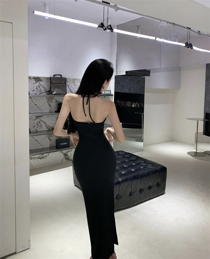 Black slim waist halter dress sexy backless holiday hip-hugging slit inner long skirt R1445