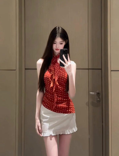 Beautiful outfit set Beautiful red polka dot halter neck vest short skirt two-piece set R0802