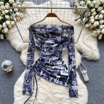 European and American hot girl style tie-dyed one-shoulder drawstring pure desire niche chic top R2296