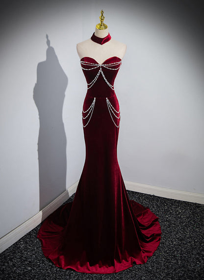 Off Shoulder Wine Red Mermaid Long Party Dress, Wine Red Velvet Prom Dress