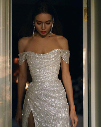PM351,Glitter Off The Shoulder Long Prom Dresses,Sparkle Bling Split Prom Evening Dresses