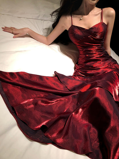 Wine Red Long Mermaid Straps Evening Dress Formal Dress, Wine Red Satin Prom Dress