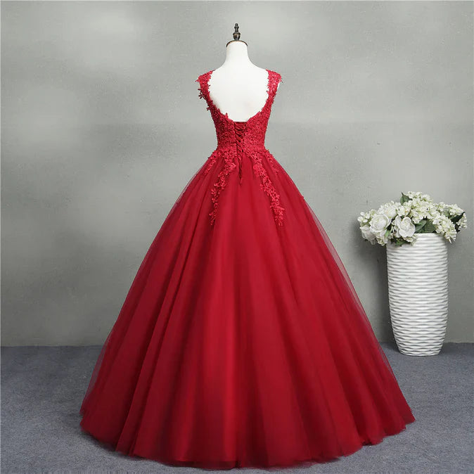 omberprom Gorgeous Red Ball Gown Sweet 16 Gown Tulle with Lace Applique Party Dress Prom Dress Wholesale