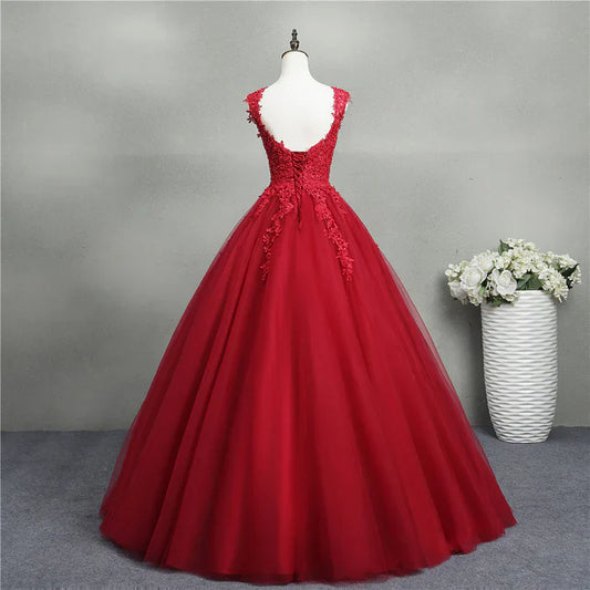 omberprom Gorgeous Red Ball Gown Sweet 16 Gown Tulle with Lace Applique Party Dress Prom Dress Wholesale