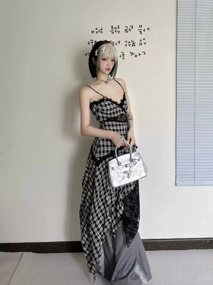 New Fashion Plaid Ruffled Irregular Dress Hem Design A-line Sleeveless Spaghetti Strap Dress TP3304