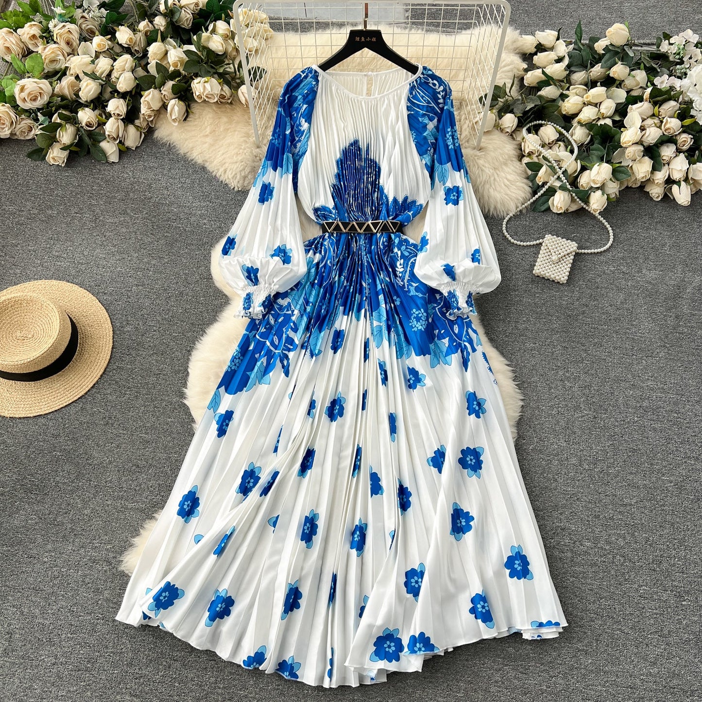 European and American style 2025 new dress printed pleated pleated waist tie holiday long skirt R2337
