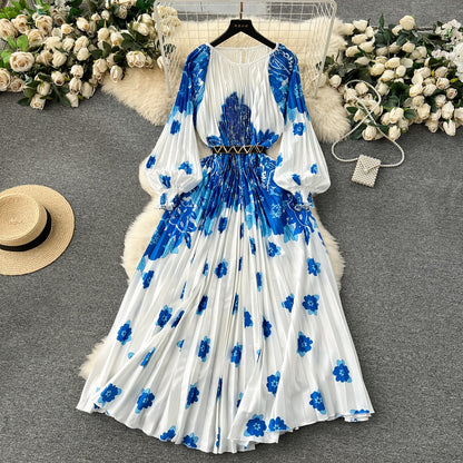 European and American style 2025 new dress printed pleated pleated waist tie holiday long skirt R2337