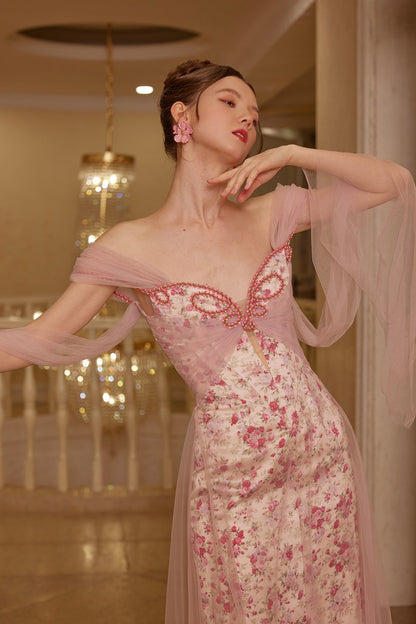 French fairy dress mesh satin printed fishbone dress evening gown dress homecoming dress R5117