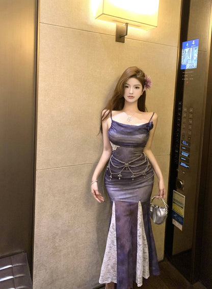 Beautiful small skirt waist hip skirt purple floral suspender dress R0635