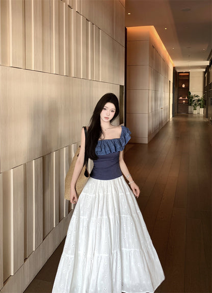 Beautiful outfit set, gentle temperament, beautiful one-shoulder top, A-line skirt, two-piece suit R0728