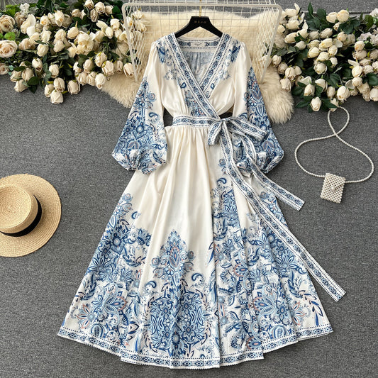 European and American palace style printed V-neck lantern long sleeve tie waist wide swing dress R2307