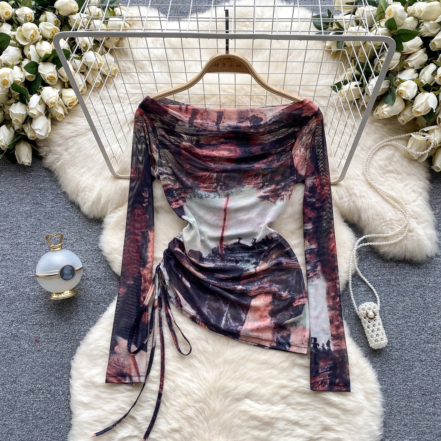 European and American hot girl style tie-dyed one-shoulder drawstring pure desire niche chic top R2296
