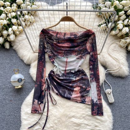 European and American hot girl style tie-dyed one-shoulder drawstring pure desire niche chic top R2296