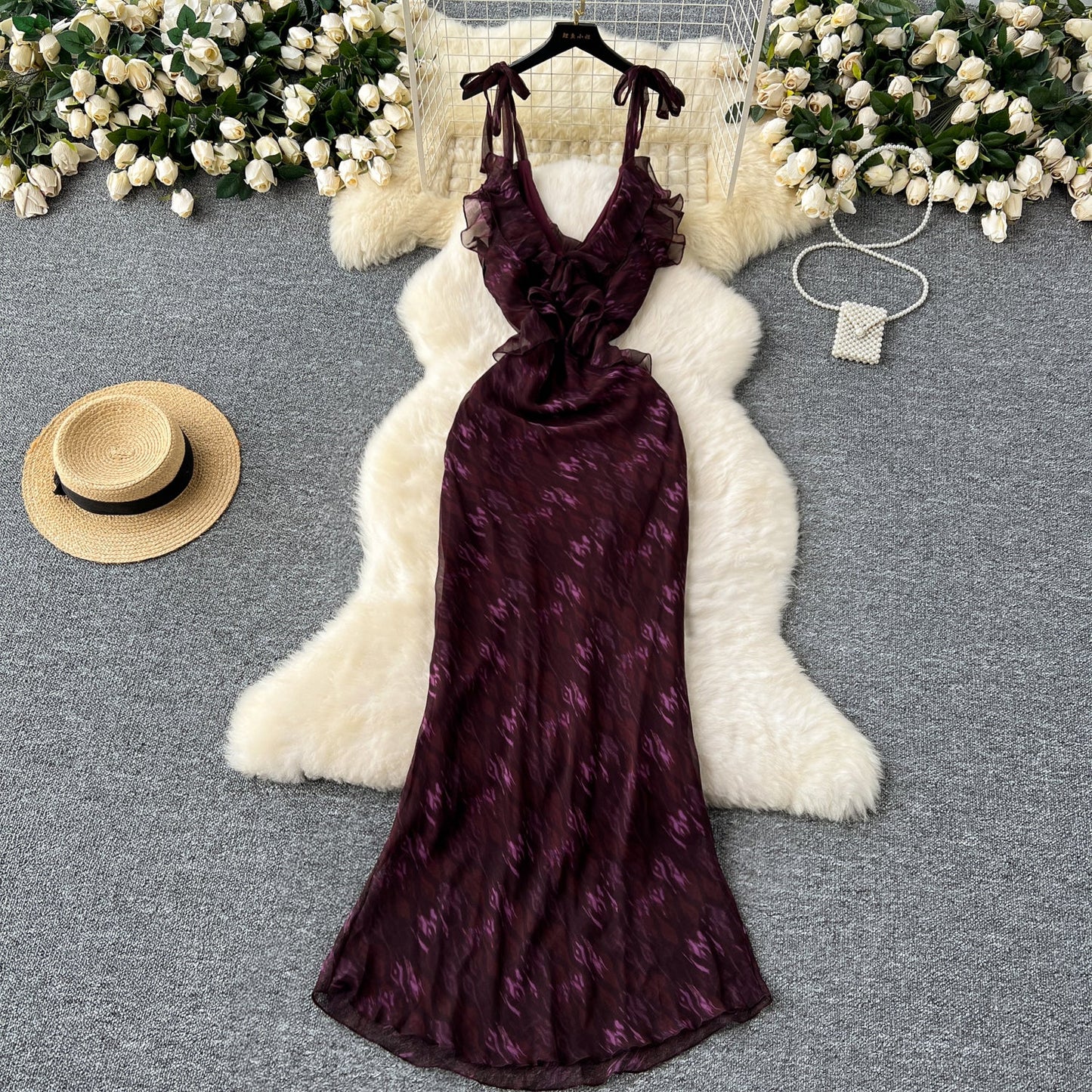 Elegant dress design V-neck ruffled halter neck tie waist slimming printed chiffon dress R2284
