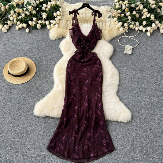 Elegant dress design V-neck ruffled halter neck tie waist slimming printed chiffon dress R2284