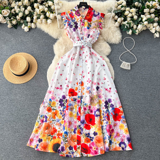 European and American retro palace style shirt dress sleeveless waist slim floral dress R2288
