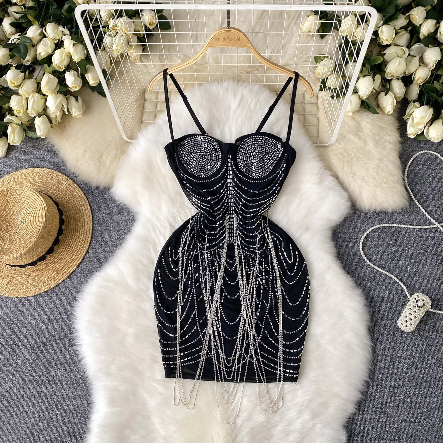 European and American sexy tassel suspender skirt pure desire slim fit dress R2293