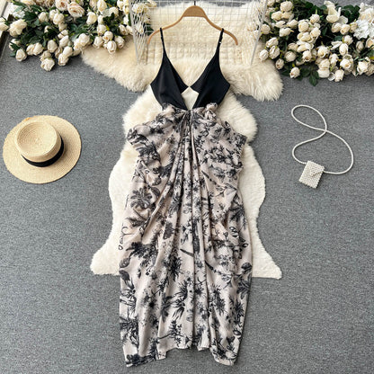 Sexy V-neck backless dress female ink painting new suspenders irregular holiday dress P238