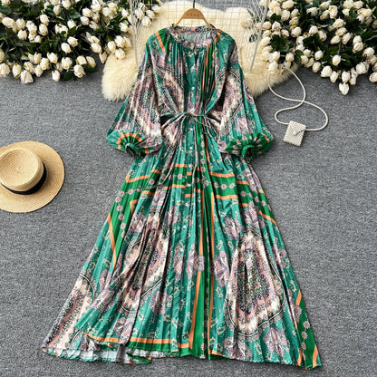 European and American style pleated printed dress lantern long sleeve waist slim long skirt R2322