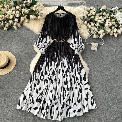 European and American style 2025 new dress printed pleated pleated waist tie holiday long skirt R2337