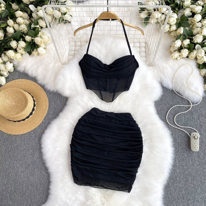 European and American suit pure desire hot girl sexy halter neck camisole + tight mesh skirt R2281