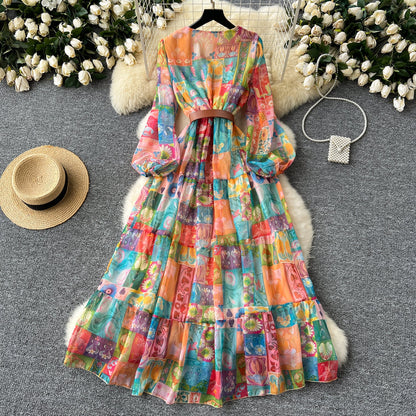 European and American style two-piece lantern sleeve button-down top high waist printed mesh skirt R2314