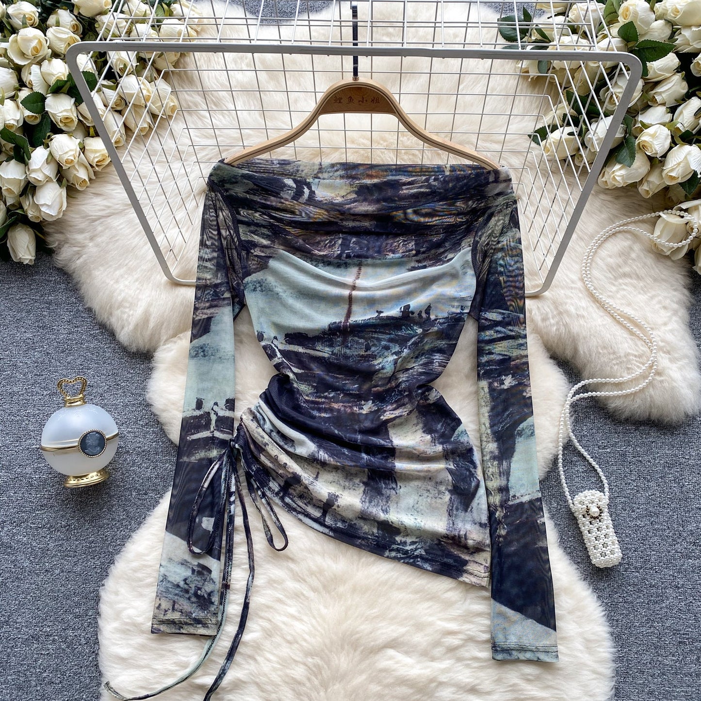 European and American hot girl style tie-dyed one-shoulder drawstring pure desire niche chic top R2296