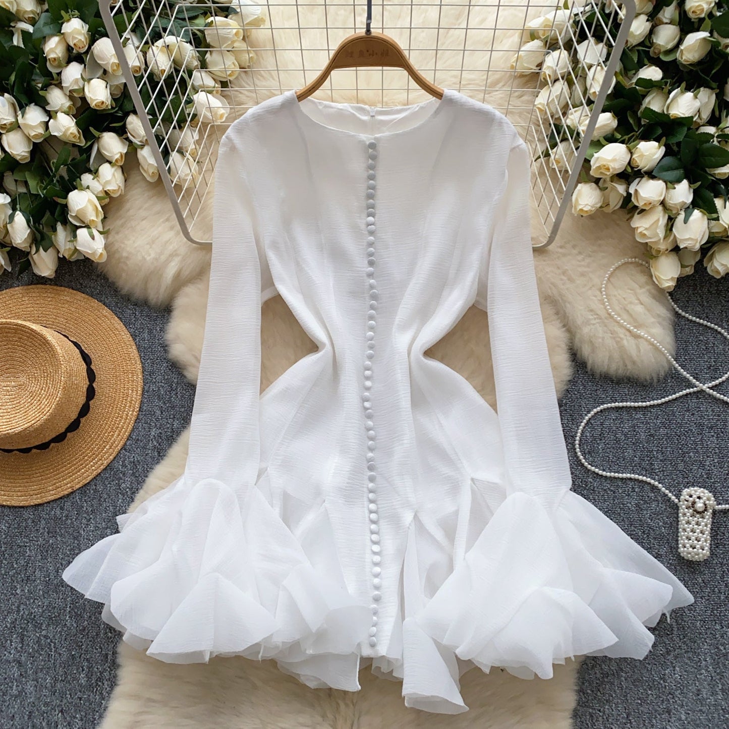 European and American style petal sleeve dress with ruffle design, unique temperament short skirt R2277