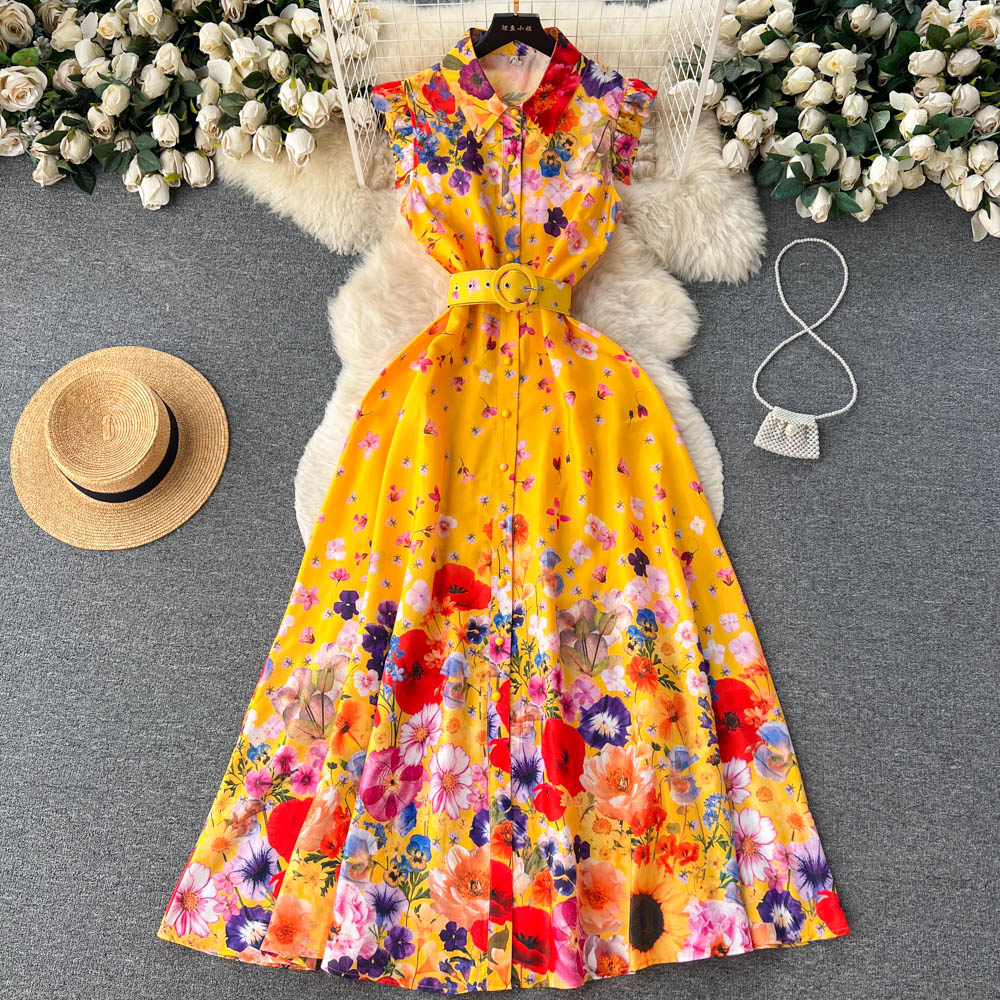 European and American retro palace style shirt dress sleeveless waist slim floral dress R2288