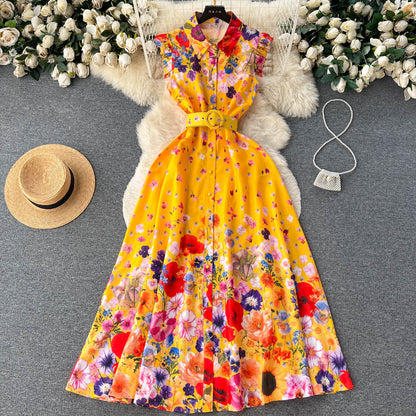 European and American retro palace style shirt dress sleeveless waist slim floral dress R2288