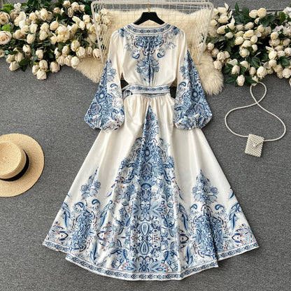 European and American palace style printed V-neck lantern long sleeve tie waist wide swing dress R2307